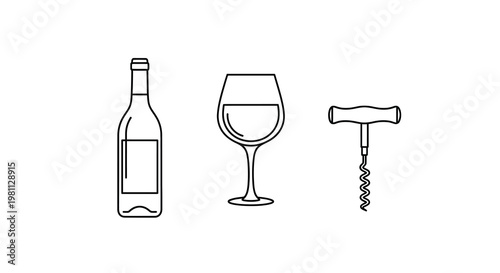 Wine bottle glass and corkscrew depicted in a simple silhouette