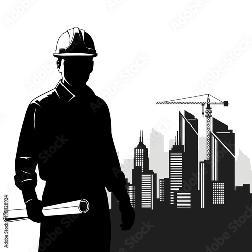 Construction worker, cityscape, building silhouette, industrial scene, architecture isolated on White Background vector eps silhouette