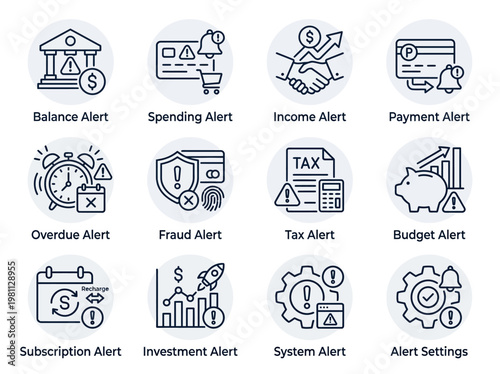 A collection of 12 different financial alert icons in a simple line art style, depicting various banking and financial notifications and settings on a white background.