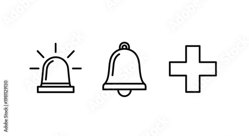 Emergency service icons depicting a siren bell and medical cross silhouette