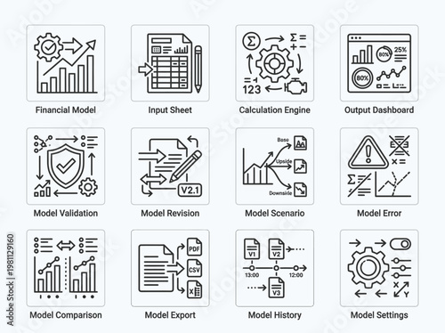 Collection of 12 black and white line icons depicting various financial modeling processes and tools, including financial model, input sheet, calculation engine, output dashboard, model vali