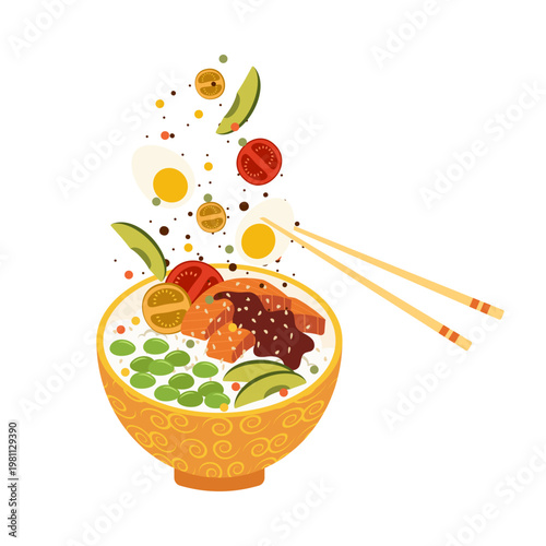 Colorful Asian Food Bowl Illustration with Noodles Rice and Soup