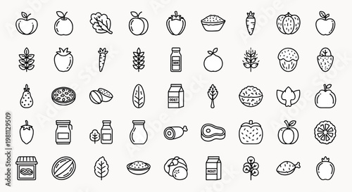 Vibrant Collection of Fresh Food Icons Healthy Diet Elements Fruits Vegetables Grains and Meat Symbols Set