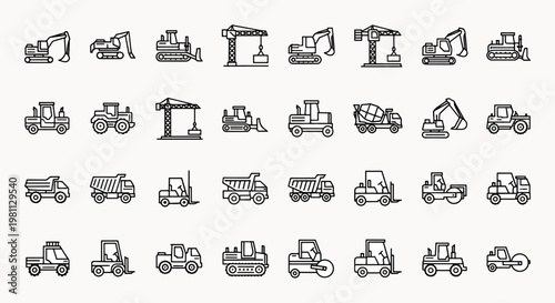 Set of construction equipment and heavy machinery icons vector set flat outline style on white background