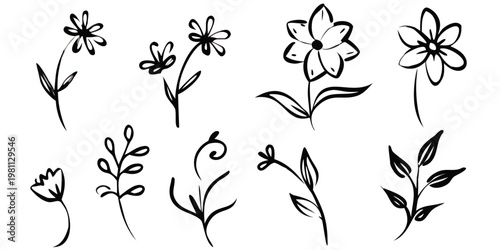 Hand Drawn Flower and Plant Icon Set Vector Floral Botanical Elements Line Art Collection