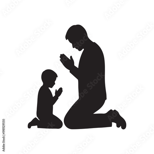Father and son praying together silhouette icon vector flat design