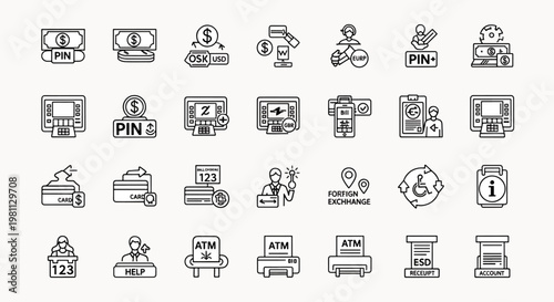 Modern Financial Icons Set Including ATM, Credit Card, Currency Exchange, and PIN Pad for Banking and Payment Concepts