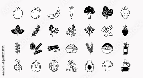 Healthy Organic Food Icons Set Collection Fruits Vegetables Grains Spices Vegetables Grains Spices And Oil Bottle Vector Illustration