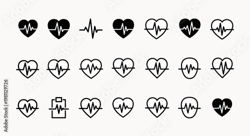 Heartbeat ECG Pulse Line Icons Set for Medical and Health Care Concepts, Vector Collection