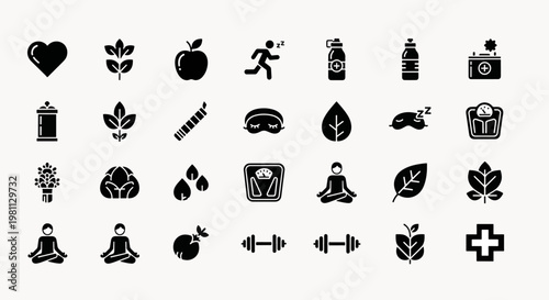 Healthy Lifestyle Icons Set Heart Apple Running Sleep Scale Yoga Dumbbell Plus Sign Plant Leaf