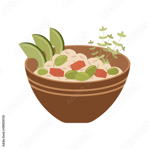 Colorful Asian Food Bowl Illustration with Noodles Rice and Soup