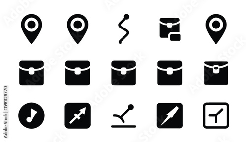 Delivery tracking and route navigation silhouette collection featuring GPS map pin route line package tracking timeline and location system icons