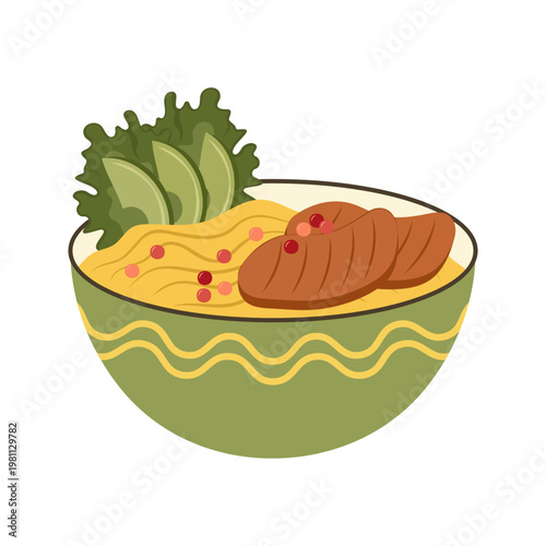 Colorful Asian Food Bowl Illustration with Noodles Rice and Soup