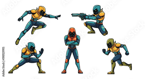 Stylized futuristic characters posing dynamic actions isolated