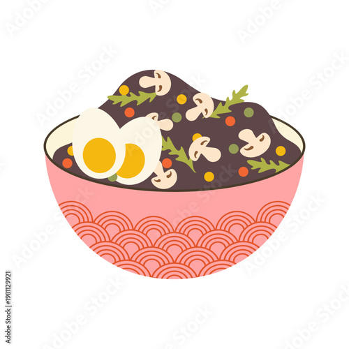Colorful Asian Food Bowl Illustration with Noodles Rice and Soup