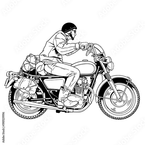 man riding a motorcycl, motorcycle vintage vector illustration hand draw	