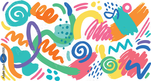Colorful abstract doodle hand drawn organic shapes and scribbles pattern background