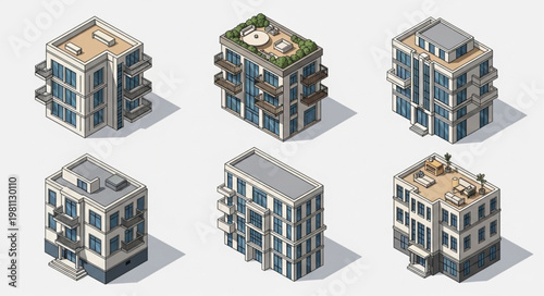 Six modern apartment buildings in isometric view.