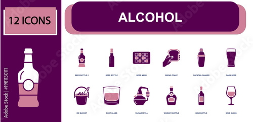 Alcohol beverage icon set. Containing beer bottle, beer menu, cocktail shaker, dark beer, ice bucket, shot glass, whiskey bottle, wine bottle, wine glass and more. Solid fill vector icons.