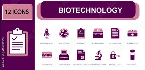 Biotechnology icon set. Containing cell culture, gene editing, cryogenic box, microscope, vaccine vial, lab equipment, medical document, freezer box, secure access and more. Solid fill vector icons.