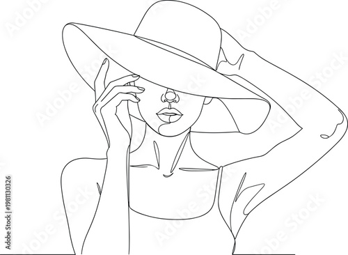 Continuous Line Art Woman with Hat – Elegant Female Portrait, Fashion Beauty Minimal One Line Drawing Vector Illustration