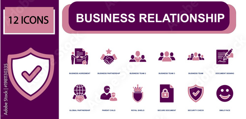 Business relationship icon set. Containing business agreement, partnership, business team, document signing, global partnership, secure document, shield and more. Solid fill vector icons.