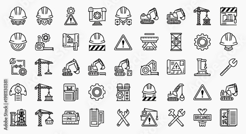 Construction and Industry Icons Set Safety Helmets Excavators Cranes Tools Blueprints and Warning Signs Vector Elements