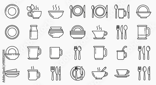 Collection of Various Kitchen Utensils and Tableware Icons Simple Outline Drawing Set, Vector Graphics