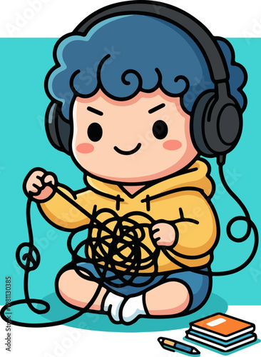 A focused individual with headphones untangling a messy wire.