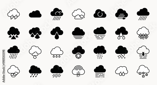 Collection of Weather Icons Featuring Clouds Lightning Rain Snow Hail Rainbow and Sun Symbols for Forecast Apps