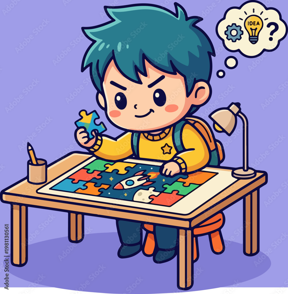 Naklejka premium Boy solving puzzle with idea lightbulb, thinking about solution.