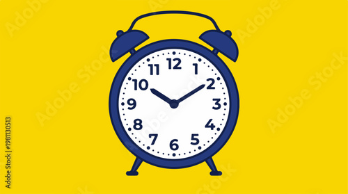 Blue alarm clock on yellow background, time concept.