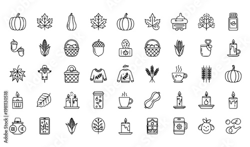 Minimalist Outline Autumn and Fall Season Icon Set for Thanksgiving and Harvest Festival Design