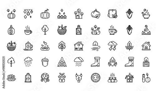 Flat Minimal Autumn and Thanksgiving Outline Icon Set with 75 Seasonal Harvest Elements Vector Illustration