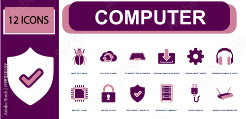 Computer icon set. Containing cloud sync, screen, download folder, micro chip, USB cable, web router, server cabinet, security shield, gear settings and more. Solid fill vector icons.