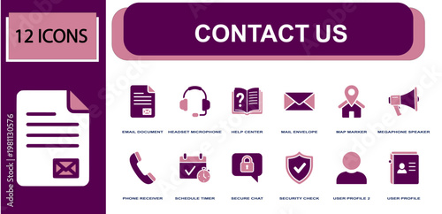 Contact us icon set. Containing email, headset microphone, help center, mail envelope, map pin, phone receiver, secure chat, user profile, shield and more. Solid fill vector icons.