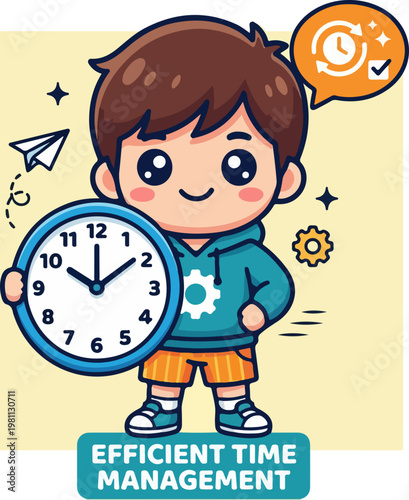 Cartoon boy holding clock efficiently managing time.