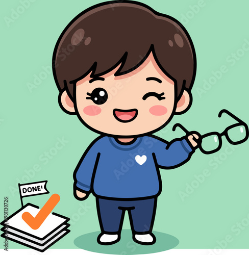 Cartoon boy winking and holding glasses with a completed task.