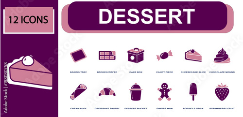 Dessert icon set. Containing baking tray, cake box, candy piece, cheesecake slice, chocolate swirl, croissant pastry, gingerbread man, popsicle, strawberry and more. Solid fill vector icons.