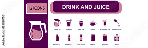 Drink and juice icon set. Containing coffee jug, soda glass, drink cup, hot cup, milkshake glass, soda bottle, soda can, tea kettle, pouring bottle and more. Solid fill vector icons.