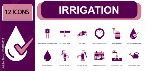 Irrigation icon set. Containing irrigation controller, leaking pipe, pressure gauge, rain barrel, water pump, water schedule, watering can, water tap and more. Solid fill vector icons.