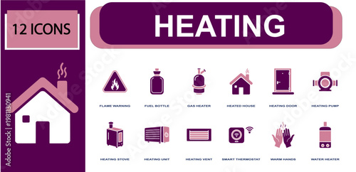 Heating icon set. Containing flame warning, fuel bottle, gas heater, heated house, heating pump, heating stove, heating vent, smart thermostat, water heater and more. Solid fill vector icons.