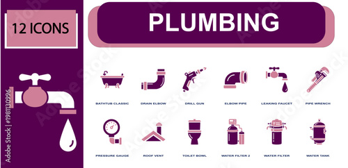Plumbing icon set. Containing bathtub, drain elbow, drill gun, elbow pipe, leaking faucet, pipe wrench, pressure gauge, toilet bowl, water filter and more. Solid fill vector icons.