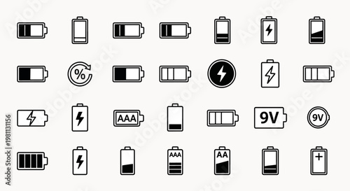 Collection of various battery icons representing different charge levels, types, and power indicators, clean outline design