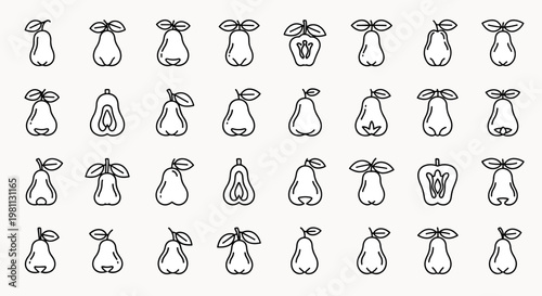 Collection of stylized pear icons and fruit illustrations, depicting various types of pears and a sliced pear, isolated on a plain background.