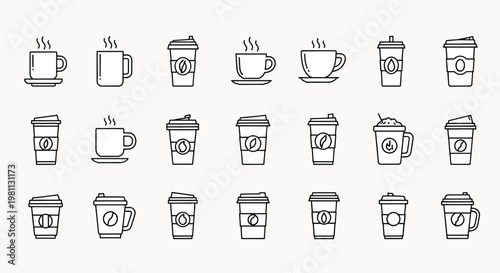 Collection of stylized line art icons representing various coffee and tea cups and mugs, hot beverages