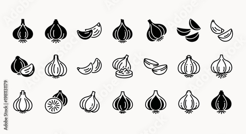 Collection of stylized garlic icons and illustrations a versatile set for culinary and design projects