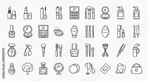 Collection of simple line art icons for makeup and beauty products, essential cosmetic items, vector flat graphics