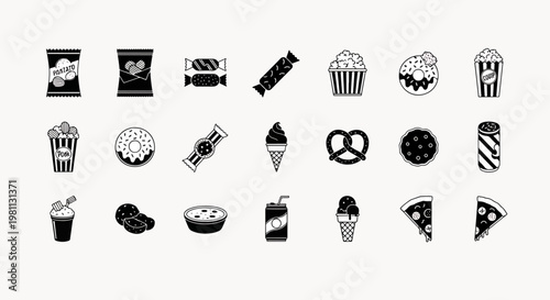 Collection of Popular Junk Food Icons and Symbols Including Chips, Popcorn, Donuts, Ice Cream, Pizza, Candy, and Drinks