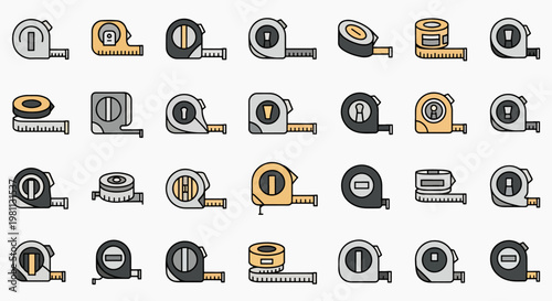 Collection of measuring tape icons in flat design style, various types of retractable tape measures and tools for measurement